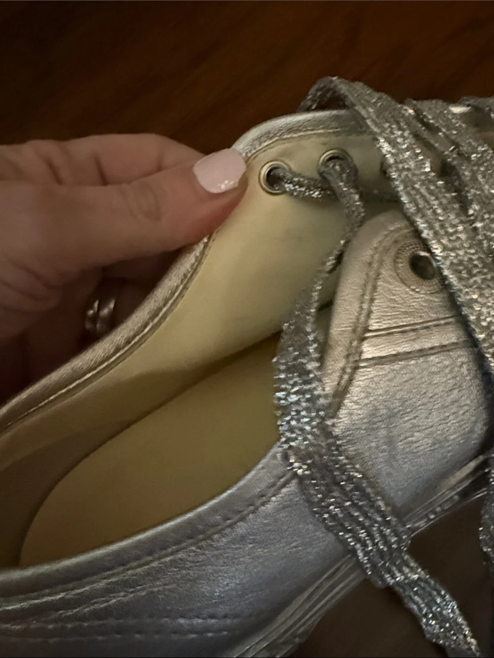 CHANEL Metallic Silver Leather Sneakers with Glitter Laces